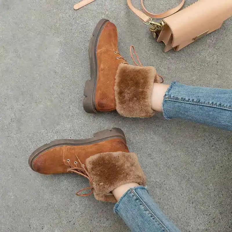 Krazing pot/зимние ботинки «Челси» из коровьей замши, овечьего меха, с круглым носком, на шнуровке, на толстом низком каблуке, шикарный дизайн, теплые ботинки в западном стиле, leep L1f1 - Цвет: brown