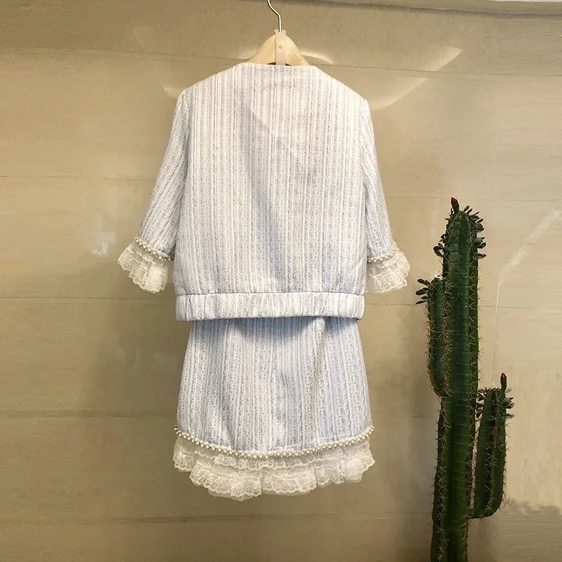

Spring Summer Fashion Beading Lace Short Jacket & Skirt Set 2020 Elegant Runway Pink Blue Zip Coat & Short Skirt Two Piece Set