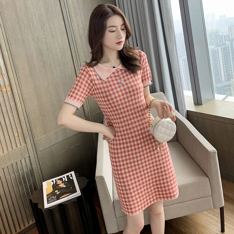 Summer 2020 New Women Plaid Polo Collar Straight Dress Female Korean Japanese Short Sleeve Mini Sweet Dress Ladies