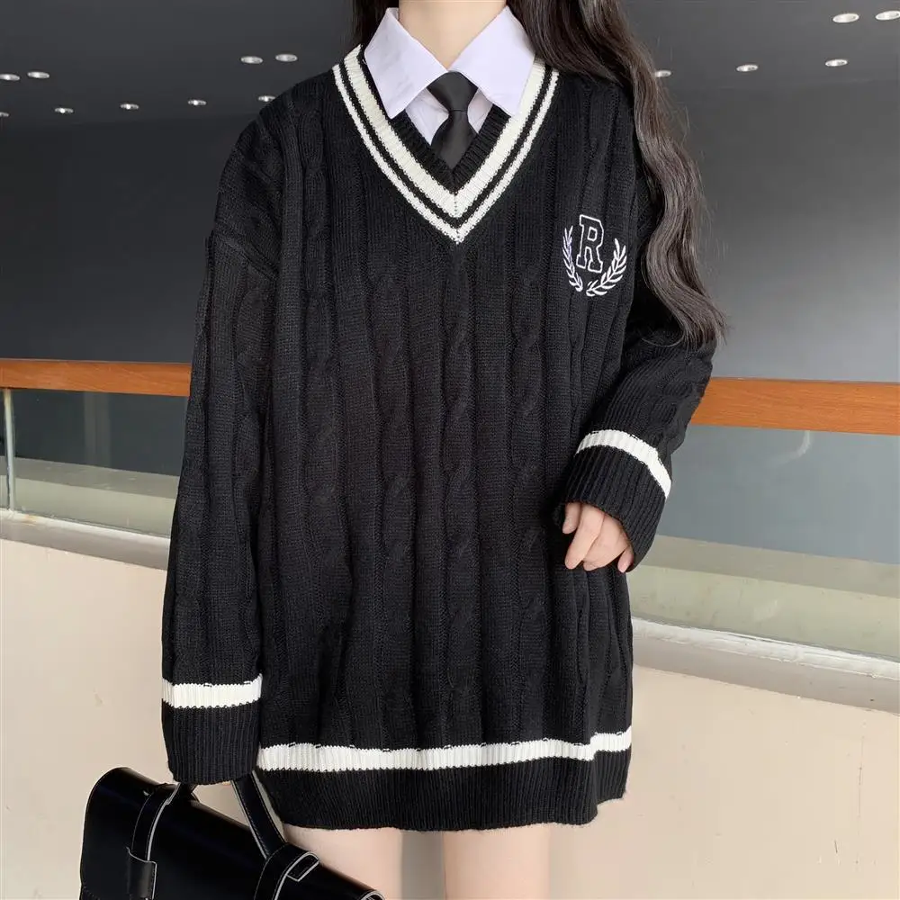 New College Style Sweet JK Uniform Pullover Sweater Korean V-neck Sweater  Female Student Loose Outwear Japanese School Uniform