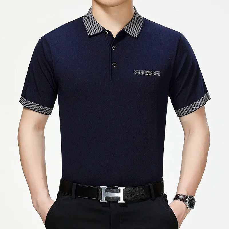Мужская Футболка вязанная плюс Рабочая Футболка Camiseta masculina для мужчин среднего возраста подарок короткий рукав рубашка однотонная джентльменская уличная