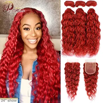 

Colored Red Bundles With Closure 99J Burgundy Water Wave Brazilian Human Hair Weave 3 Bundles With Closure Pinshair Remy Hair