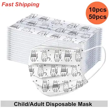

10/50pcs Disposable Face Masks 3Ply Print Mouth Facial Cover Adult Child Breathable PM2.5 Filter Mascarilia Earloops