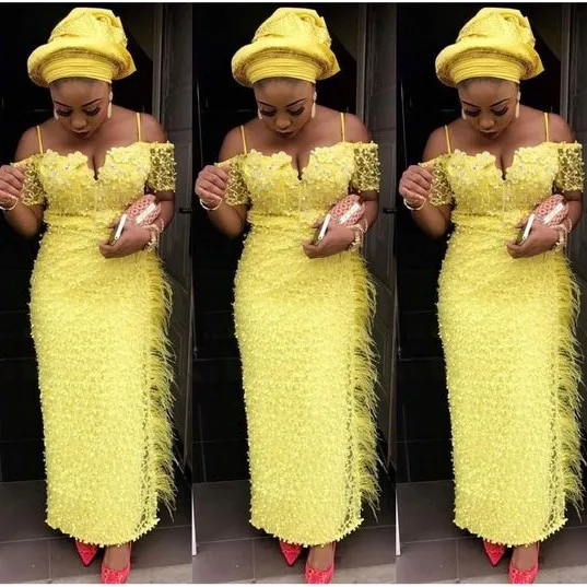 Summer Gorgeous Long Gowns Yellow Straight With Feathers Spaghetti Straps Plus Size Aso Ebi Formal Occasion Prom Dresses | Свадьбы и