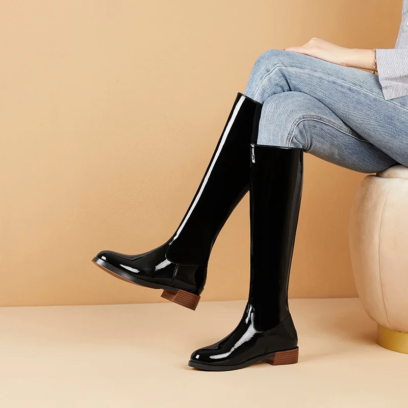 Зимние женские сапоги кожаные сапоги до колена удобные высокие сапоги на плоской подошве Осенняя модная обувь на молнии с круглым носком