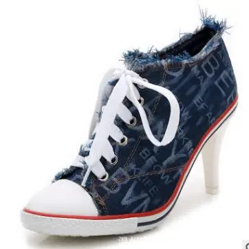2020 New Women's shoes Denim High heels Rivets Female canvas Pumps lady's Boots Ankle Lace-Up Thick heel and Thin Heels Shoes