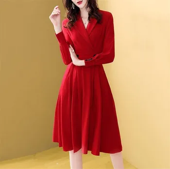 

Women Dress Spring Autumn A-line High Waist Red Elegant Party Dress V-Neck Simple Casual Midi Dress Plus Size vestidos de festa