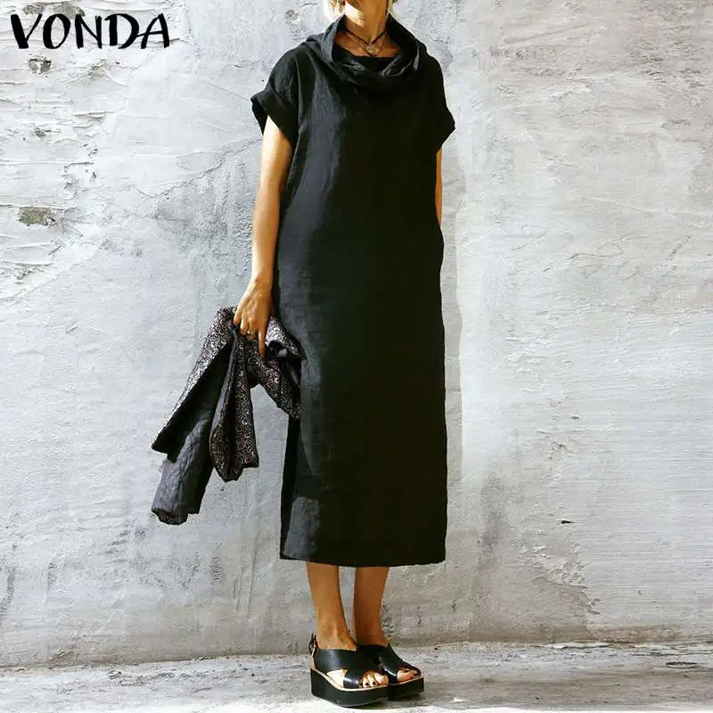 

VONDA Autumn Summer Solid Color Dress Casual Turtle Neck Party Bohemian Dresses Loose Short Sleeve Sundress Pregnancy Vestidos