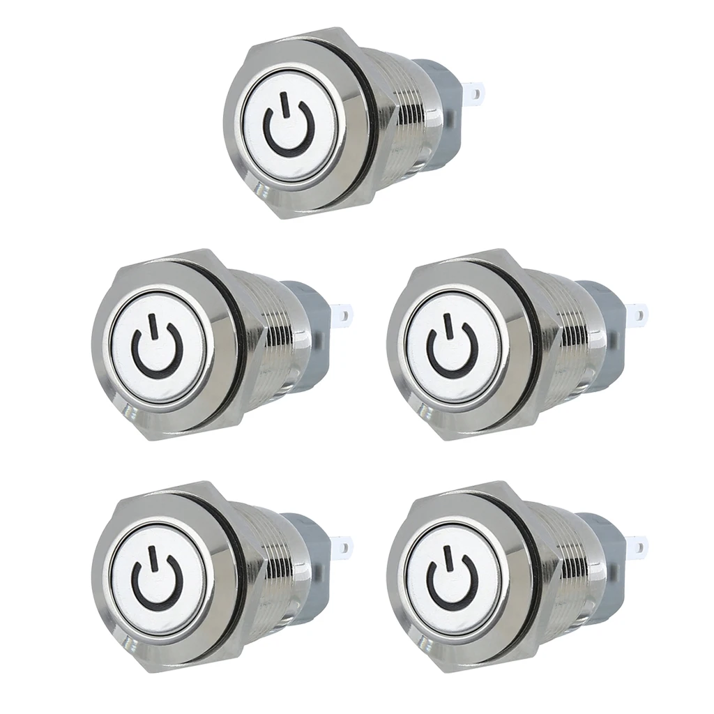 5x Latching Push Button Switch Aluminium Alloy Stainless Steel Shell for 16mm with 12V Red LED Light