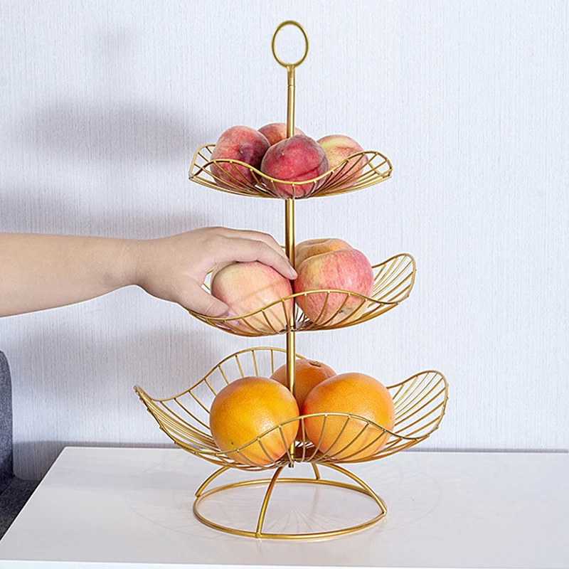 3 Layer Golden Storage Basket Foldable Metal Fruit Wicker Basket Fruit Tray Cake Stand Decorative Dessert Holder Gift Baskets