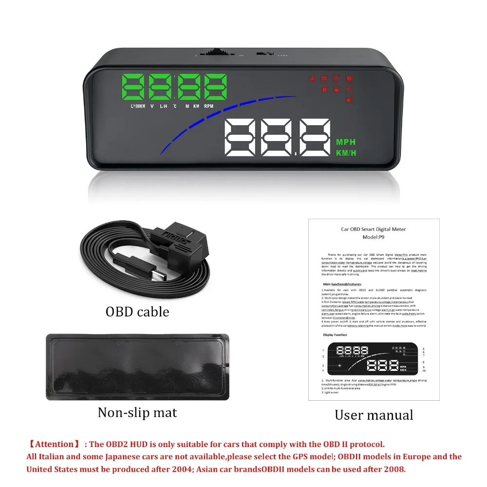 Автомобильный дисплей HUD P9 дисплей gps OBD OBD2 диагностический инструмент проектор Цифровой измеритель скорости автомобиля сигнализация безопасности