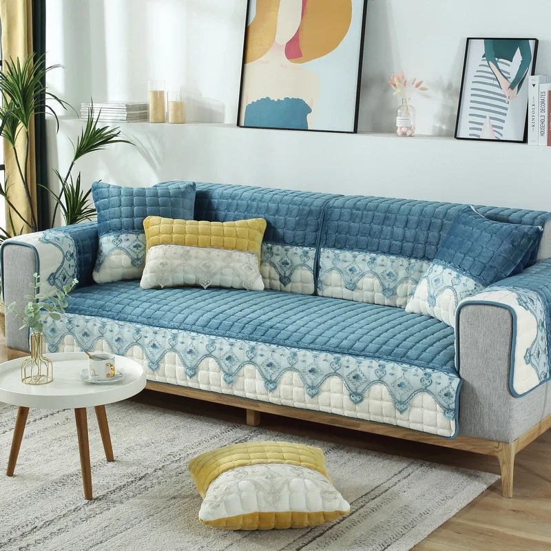 

Thickened Lace Velvet Sofa Cover 1/2/3/4 Seater Sectional L Shape Couch Cover Quilted Slipcover Solid Color Soft Warm Anti-silp
