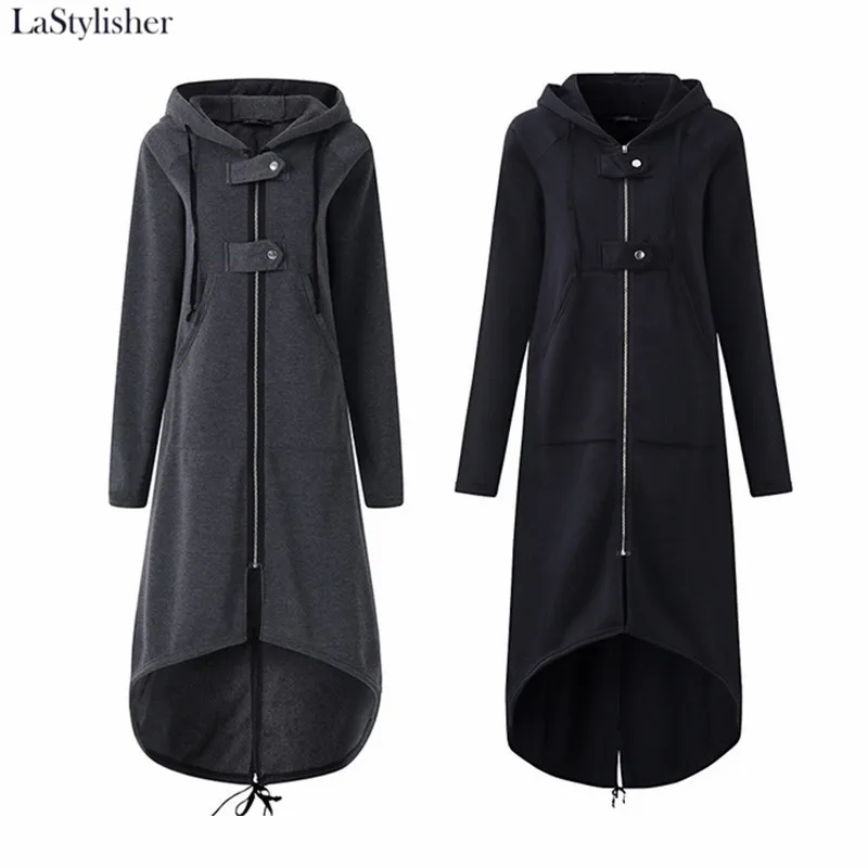 LaStylisher модное женское пальто с длинным рукавом и капюшоном, Осеннее Черное длинное пальто на молнии размера плюс, женское бархатное пальто, одежда