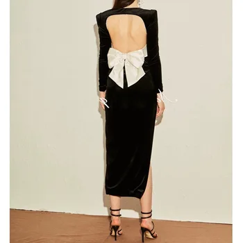 

Sexy Blackless Bow Tie Lace-up High Waisted Black Stretchy Velvet Maix Dress V538