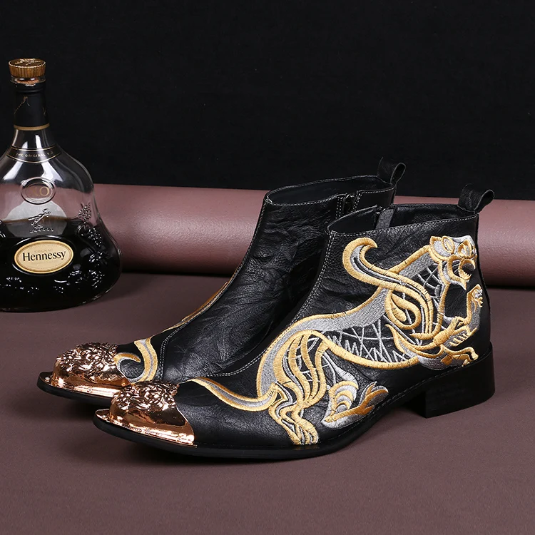 

Christia Bella Chinese Style Handmade Plus Size Men Genuine Leather Embroidery Ankle Boots Fashion Party Men Zipper Short Boots