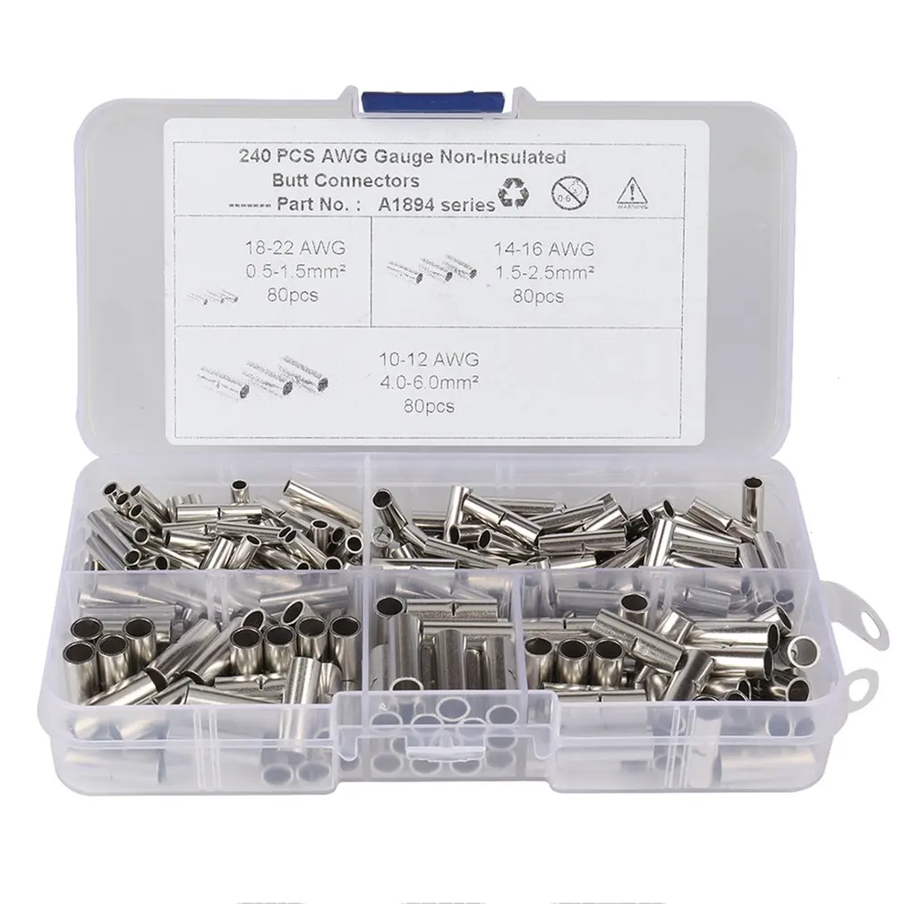 

240pcs 22-18 16-14 12-10 AWG Gauge Non-Insulated Butt Connectors Uninsulated Wire Ferrule Cable Crimp Terminal Kit for DIY
