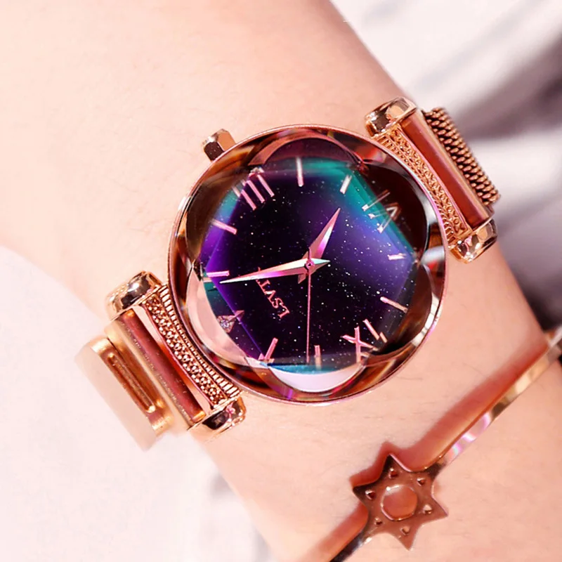 Rose Gold Роскошные Звездное небо женские часы из нержавеющей стали браслет часы Кристалл Аналоговые кварцевые наручные часы женская одежда часы - Цвет: Rose Gold