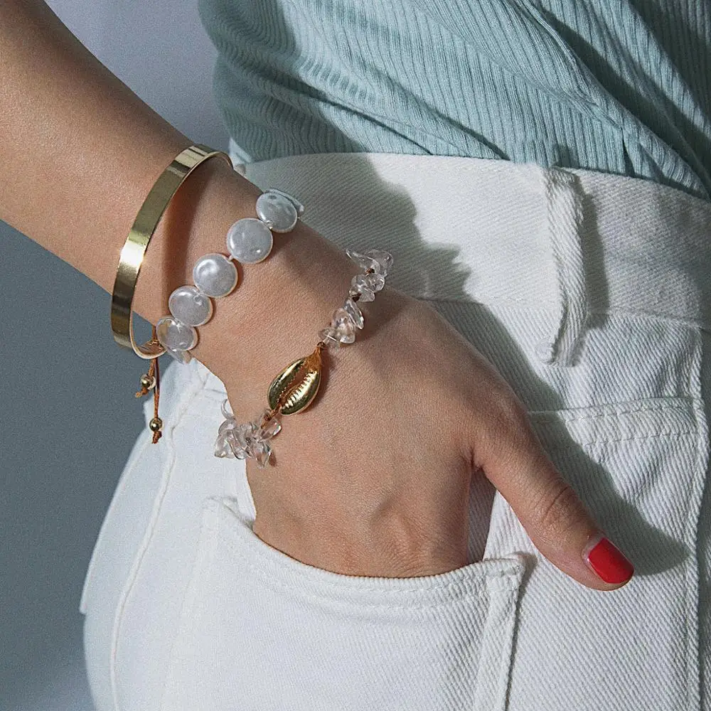

New Baroque Irregular Imitation Pearl Shell Gold Metal Bracelet Set for Women Girl Summer Party Jewelry charm bride Pulsera