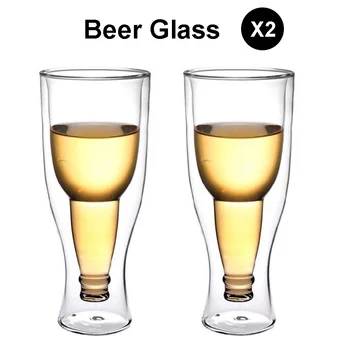 

Set of 2- creative beer shaped fashion double layer wine glass Transparent party pub beer drinking glass cups