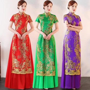 

Plus size 5XL custom Austrian cheongsam dress autumn embroidery cheongsam lace large swing middle and old fashion show costume