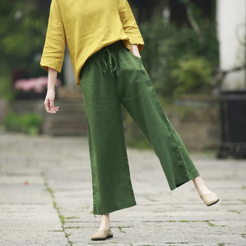 Широкие брюки шаровары женские Boho Брюки повседневные осенние свободные хлопковые льняные комбинезоны брюки плюс размер неоновые однотонные