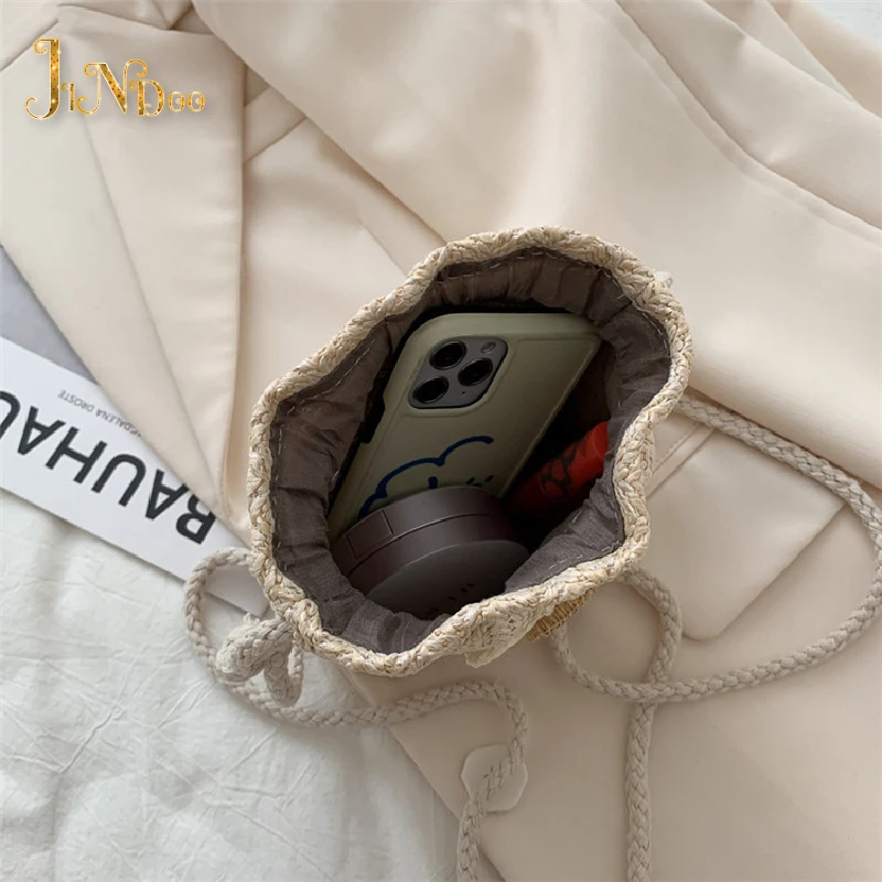 2022 New Women Beach Straw Bags Classic Chic Sunflower Drawstring Woven Bucket Crossbody Shoulder Messenger Bag Casual Wallet