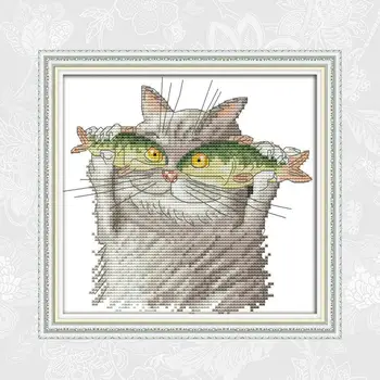 

Cat Loves to Eat Fish Counted Cross Stitch Fabric 11CT 14CT DIY Embroidery Sets Home Decor Needlework Cross Stitch Kits