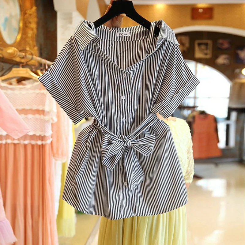 Super big size L-XXXL Summer Cotton Shirt Women Tops Slash Neck Short Sleeve Shirt Casual Lovely AB050