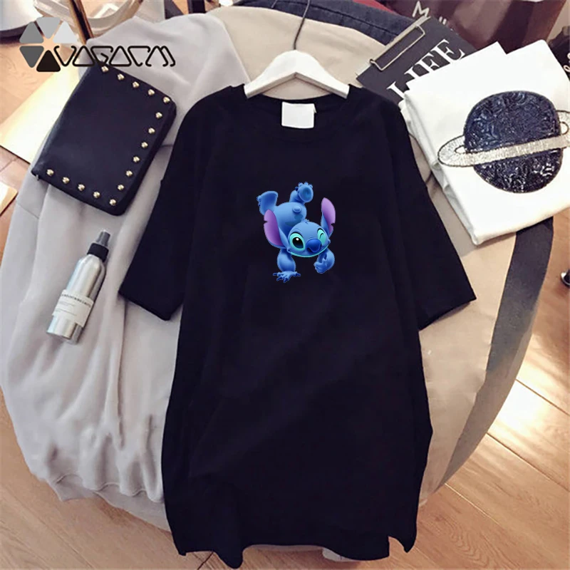 New-Summer-Women-Dresses-Stitch-Cartoon-Print-Casual-Loose-Black-Midi-Clothing-Plus-Size-Cute-Dress