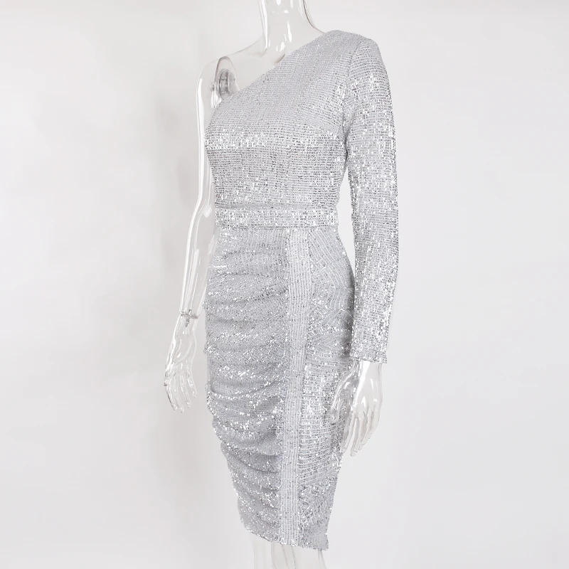 Одно плечо Плиссированное Серебряное платье миди с блестками с длинным рукавом сексуальное облегающее вечернее платье