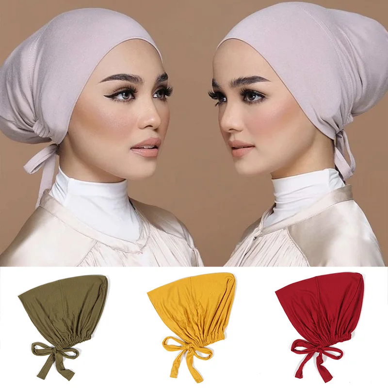 

1pcs Muslim Turban Solid Color Modal Elastic Bottom Cap Adjustable Fashion Adult Head Bottom Wrap Tie Head Wrap With Rope