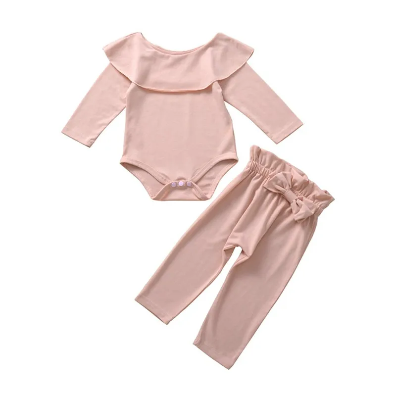 Chifuna/Новинка; сезон осень; модные однотонные комплекты для девочек с рюшами и бантом; Одежда для маленьких девочек; комбинезон для маленьких девочек - Цвет: Розовый