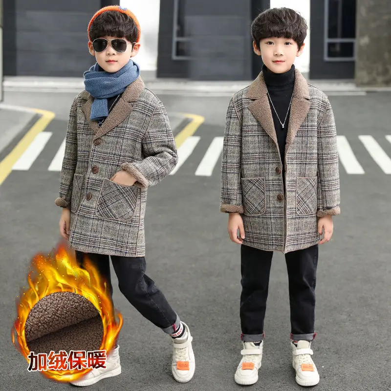 Children's Wool Coat for Boy for Autumn & Spring New Casual Turn Collar Plaid Pus Velvet Men's Teenager Jacket Outerwear