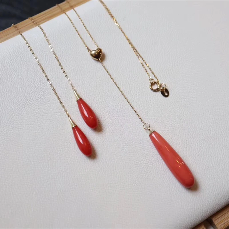

VOJEFEN Red Water Drop Pearl and 18K Yellow Gold Elegant Bridal Long Chain Teardrop Necklace Earrings Set