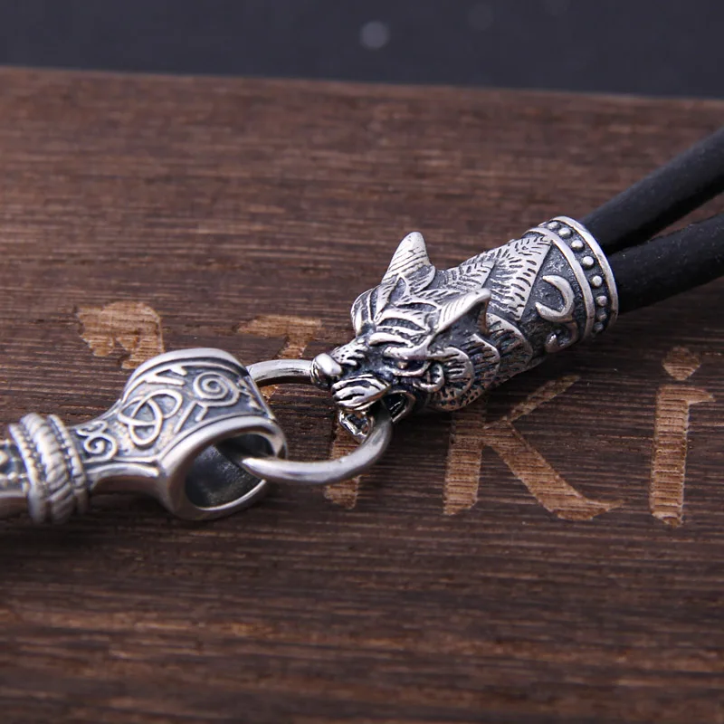 S925 стерлингового серебра Викинг-волк головы с thor's Молот Мьёльнир Кулон кожаный мужской ожерелье как рождественский подарок