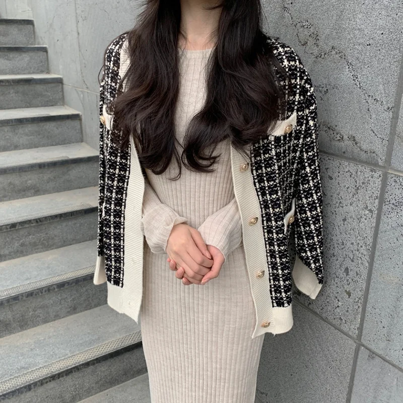 

2020 NEW Fashion Plaid Cardigan for Women Casual Loose Autumn Clothing Single Breasted Knitted Woolen Coats Female Sweater