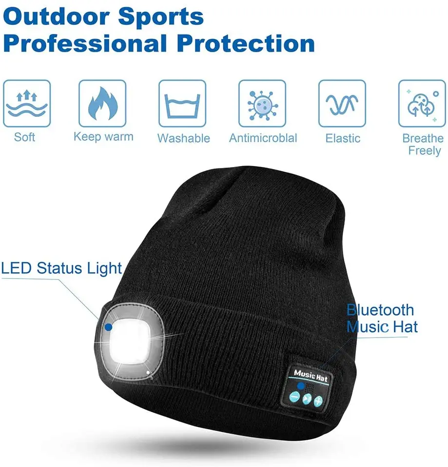 Unisex Bluetooth Beanie Hat LED Beanie Hat,Wireless Headphone USB Rechargeable Lighted Cap with Built-in HD Stereo Speak