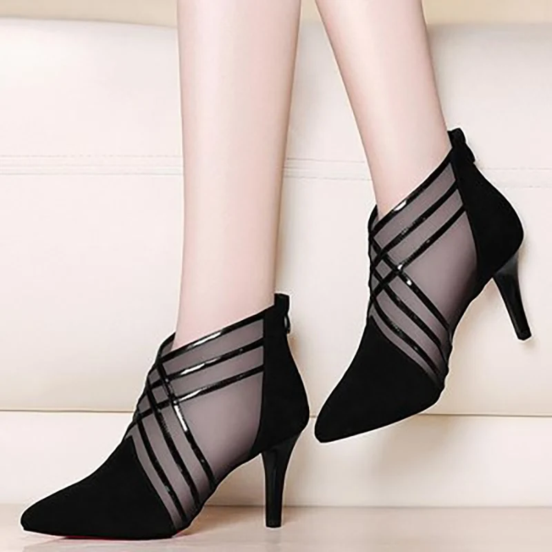 

Women High Heels 2020 Woman Mesh Ankle Boots Sexy Pointed Toe Zip Ladies Fashion Elegant Female Casual Women's Breathable Shoes