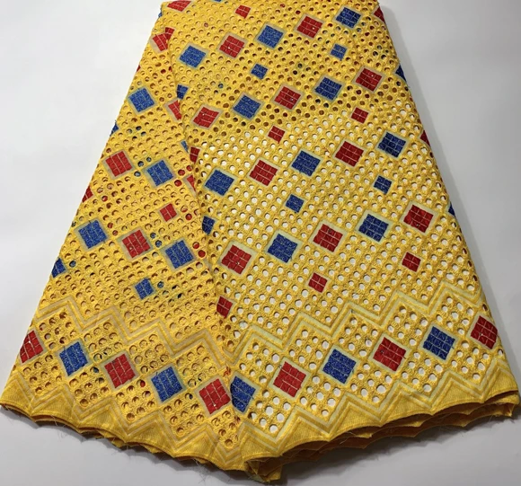 

100% Cotton African Laces Fabrics 2019 High Quality Swiss voile Embroidery Lace Fabric 5Yards Wedding For Dress ESH066 YELLOW