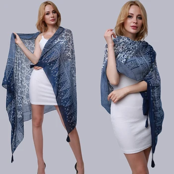 

Summer Women Long Scarf Elegant Blue and White Porcelain Print Tassel Wraps Female National Style Vaction Beach Pashmina Shawls