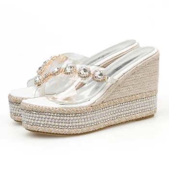

2020 Summer Women 10.5cm High Heels 4cm Platform Wedges Sandals Crystal Glitter Slides Female Pearl Slippers Beach Prom Shoes
