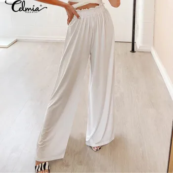 

Stylish Long Palazzo Celmia Women Elastic High Waist Wide Leg Pants Casual Loose Pantalon Ladies Solid Summer Beach Trousers 5XL