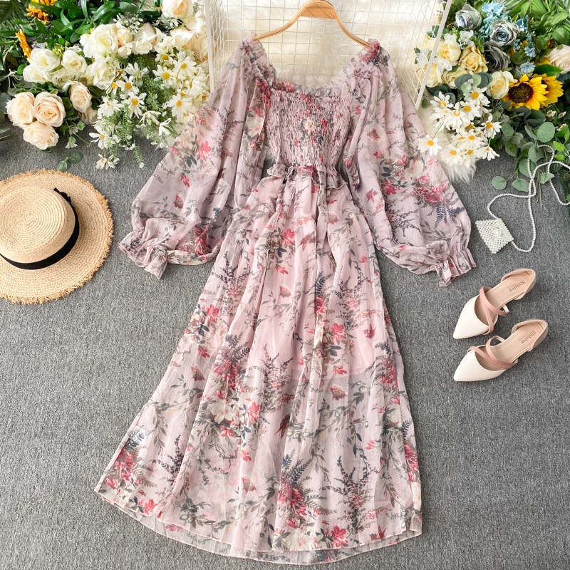 2019 Новая модная женская одежда осеннее платье с принтом женское пышными рукавами