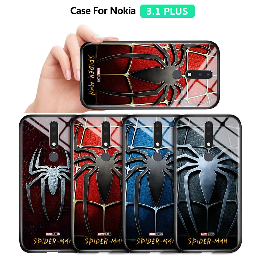 

For Nokia 3.1 Plus X3 Marvel Avengers Superhero Spiderman Spider Logo Case Shockproof Soft Edge Tempered Glass Back Cover Casing