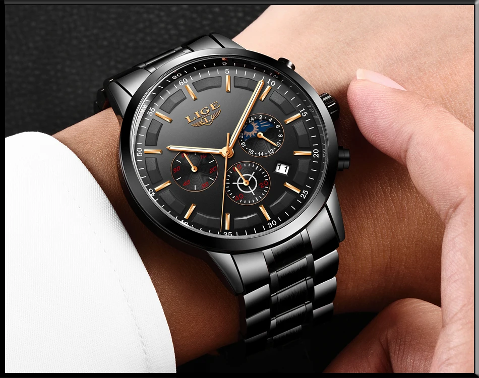 LIGE Men Watches Steel Wristwatch Sport Waterproof Chronograph Analog Quartz Watch Man Business Date Clock Luxury Watch for Men