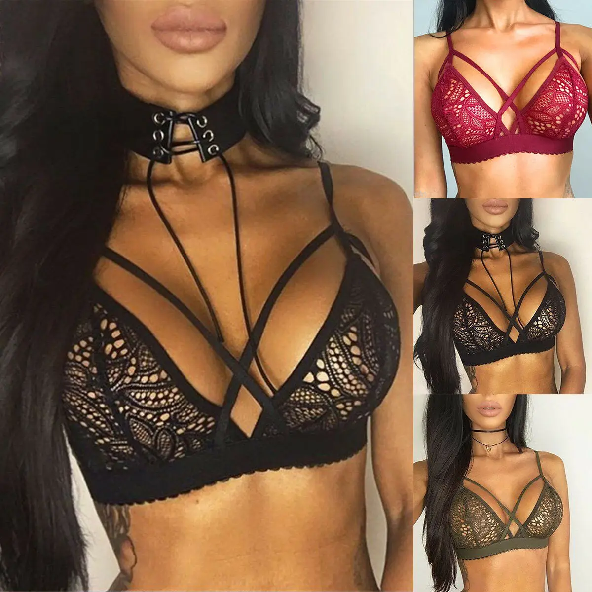 

Woman Sexy Lace Bra Lingerie Soft Mesh Triangle Hollow Out Unpadded Push Up Bra Wire Free Cross Bra Tops