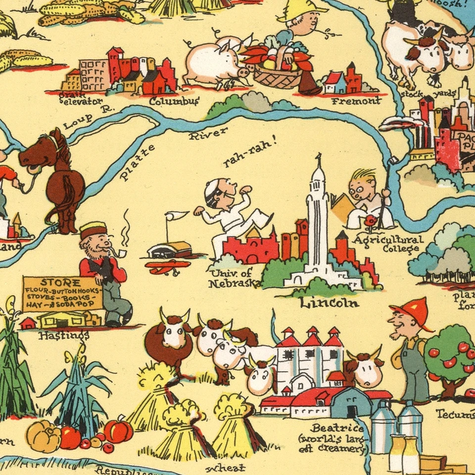 Estados Unidos Publicado En 1935 Mapa De Nebraska Gran Vintage