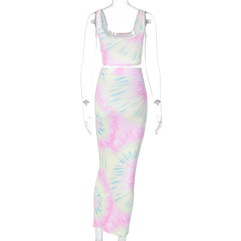 Hugcitar 2020 tie dye sleeveless sexy crop tops high waist skirt 2 pieces set bandage summer women streetwear outfits tracksuit