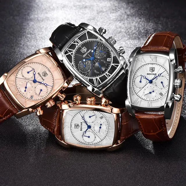 BENYAR Fashion Luxury Sport Men Watches 2019 Luxury Brand Gold Rectangle Watch Men Leather Band Waterproof Quartz Wristwatch men 5