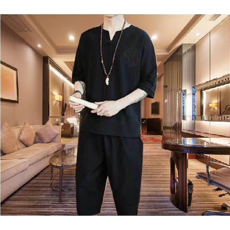 Summer Men Linen Shirt Chinese Style Retro Casual V-neck Tops Plus Size Embroidery Traditional Asian Tang Suit Tops for Man